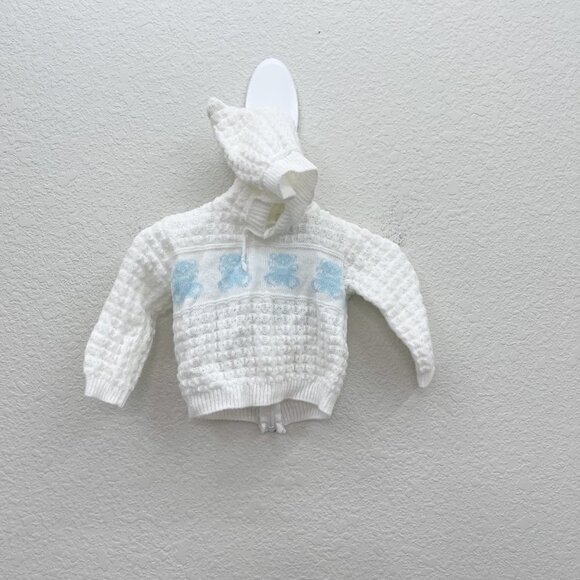 VTG Babycrest Blue Bear White Knit Hooded Back Zip Sweater Infant Baby 6-9 Month - Picture 1 of 5